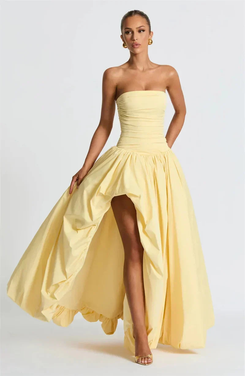 Strapless Ruched Drop Waist High Slit Ruffle Hem Ball Gown Maxi Dress