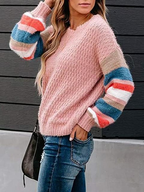 Striped Pattern Sleeve Crew Neck Pullover Sweater