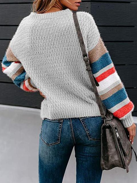 Striped Pattern Sleeve Crew Neck Pullover Sweater