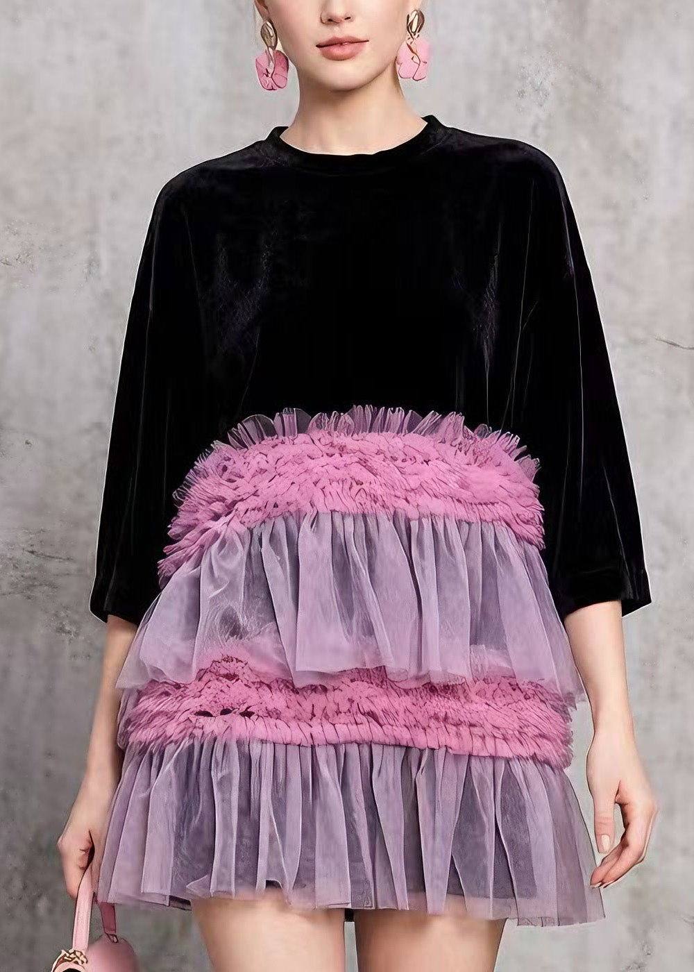 Crew Neck Velvet Half Sleeve Tiered Tulle Ruffled Mini Dress 2