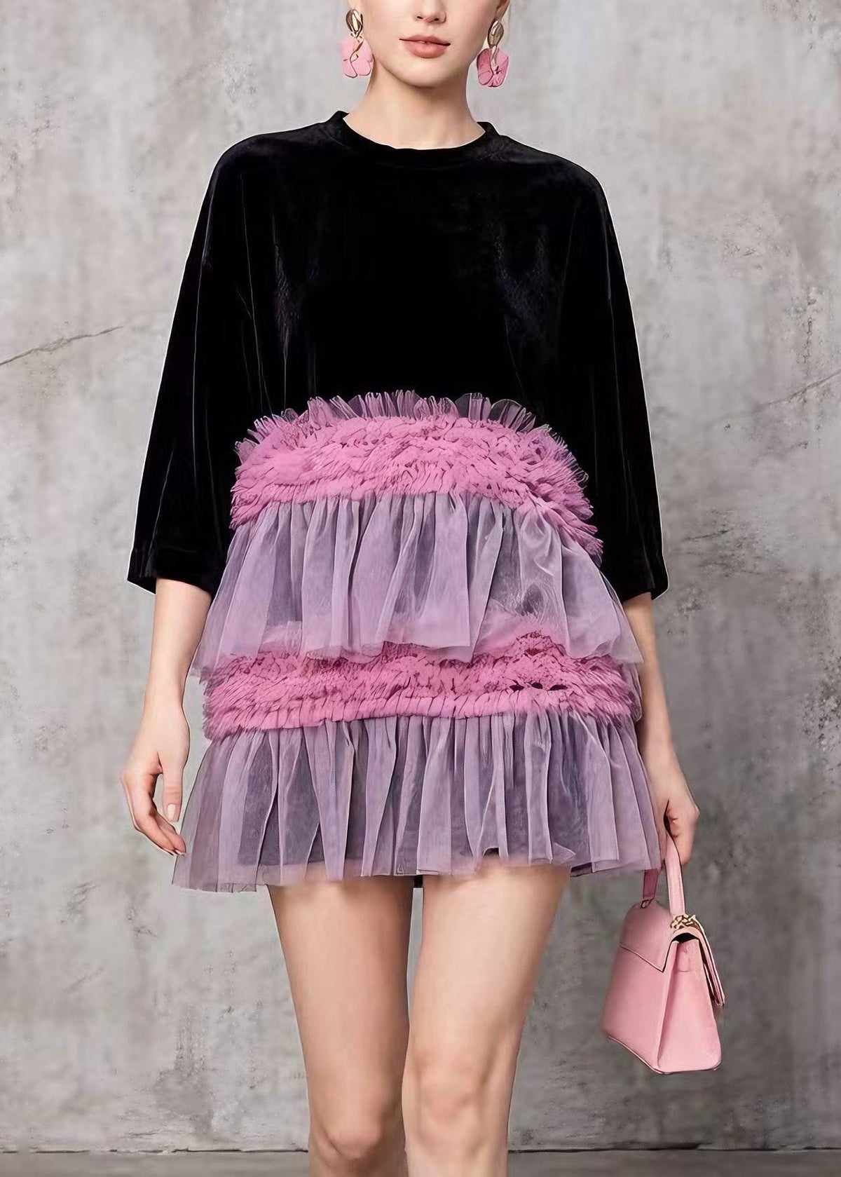Crew Neck Velvet Half Sleeve Tiered Tulle Ruffled Mini Dress 3