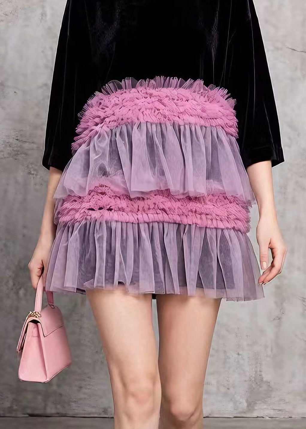 Crew Neck Velvet Half Sleeve Tiered Tulle Ruffled Mini Dress 4