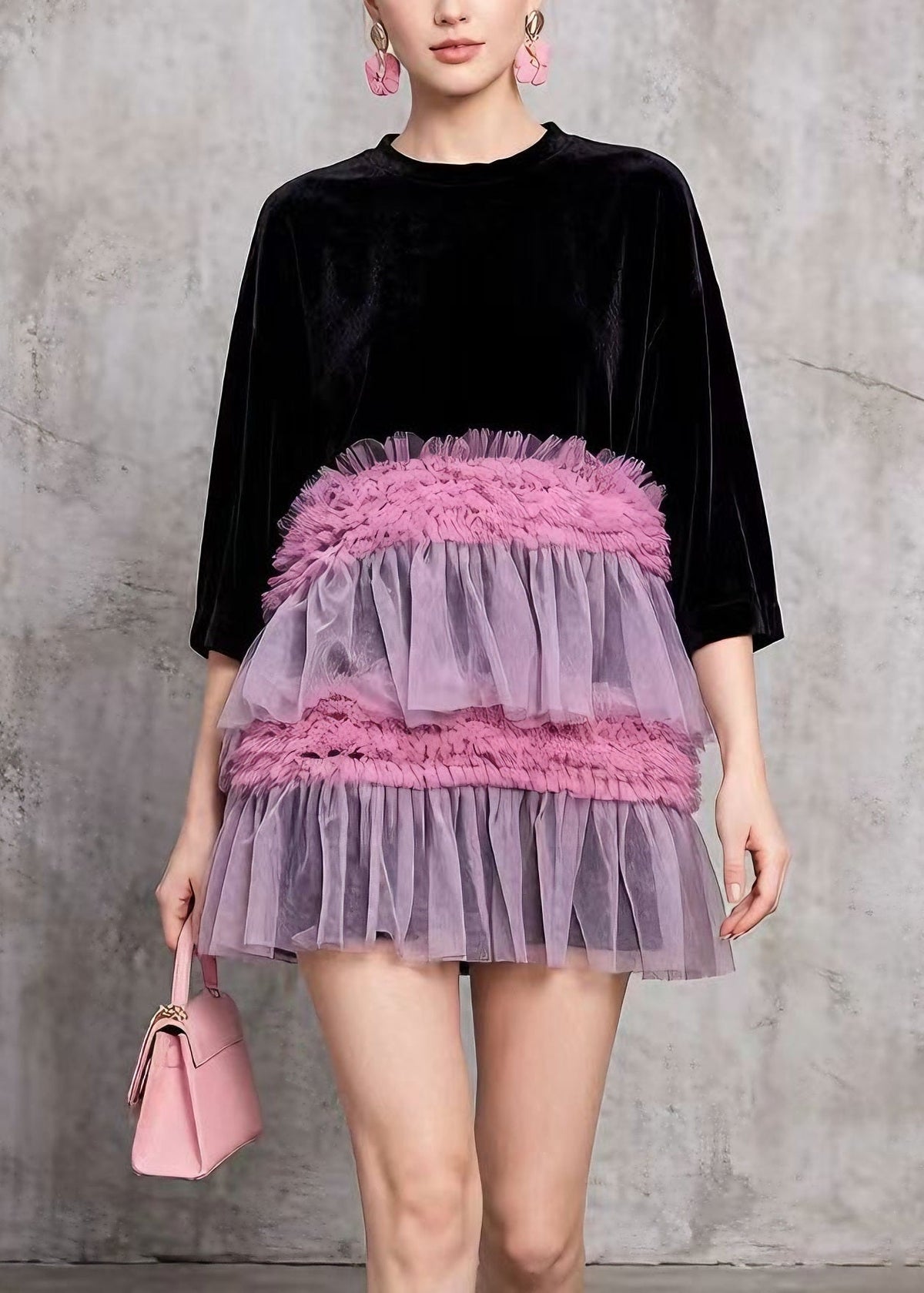Crew Neck Velvet Half Sleeve Tiered Tulle Ruffled Mini Dress 5