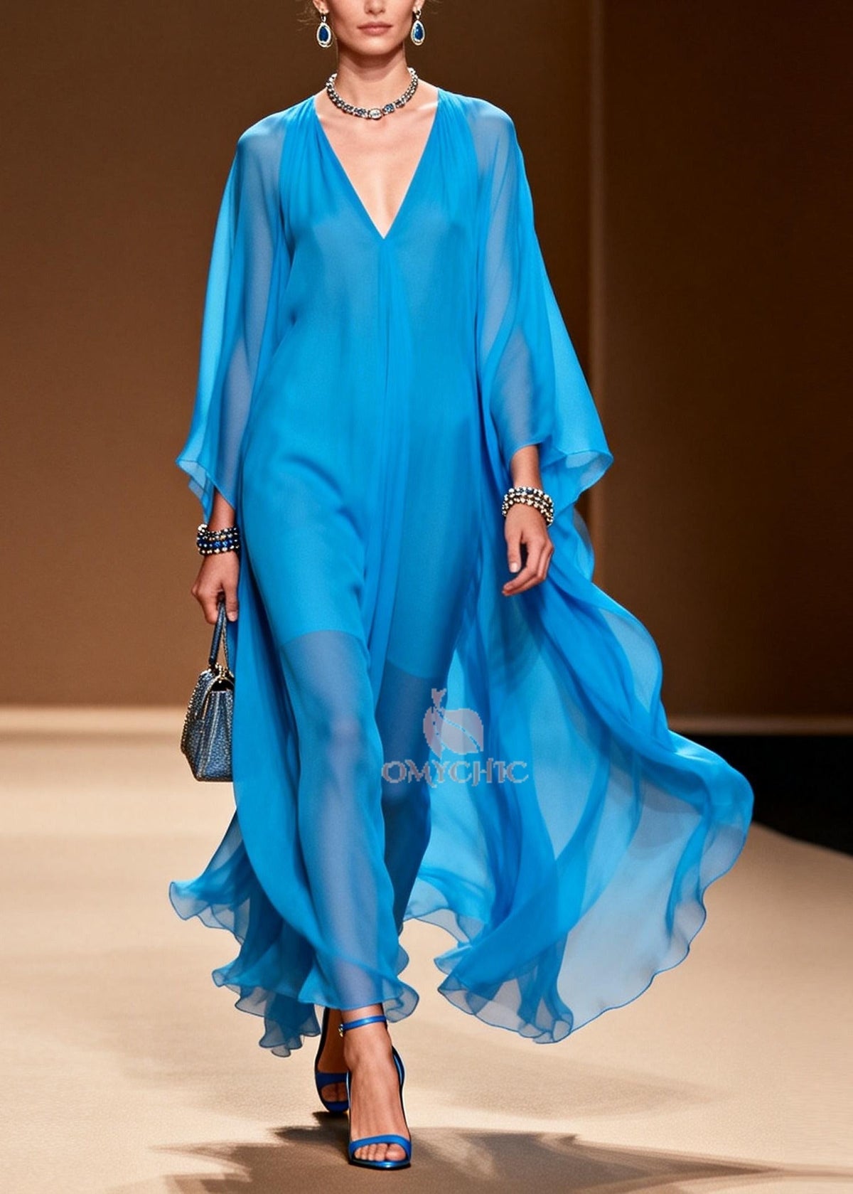 Deep V-Neck Cape Sleeve Sheer Chiffon Maxi Dress 5