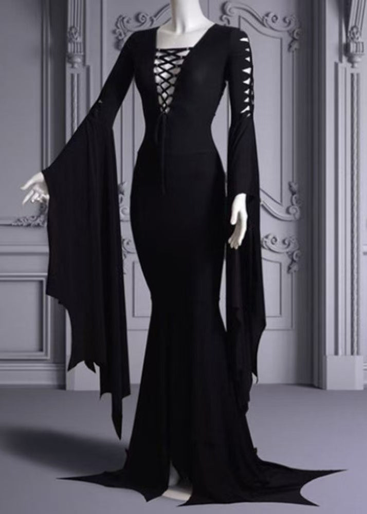 Lace Up Corset Deep V Pointed Bell Sleeve Handkerchief Hem Mermaid Dress