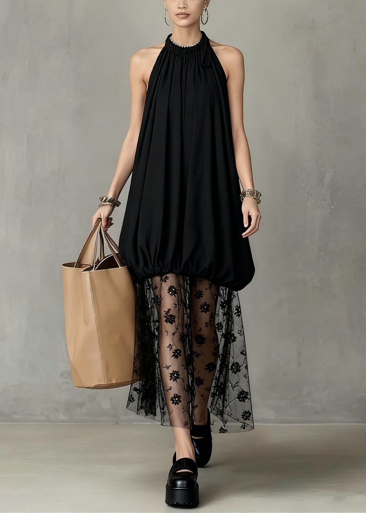 Halter Bubble Hem Lace Overlay Tiered Maxi Dress
