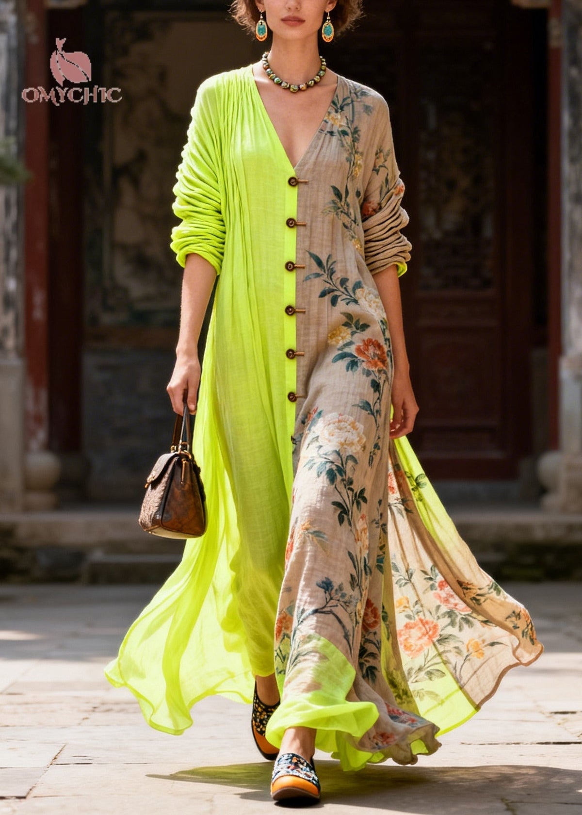 Deep V-Neck Colorblock Asymmetrical Patchwork Cotton Maxi Dress 3