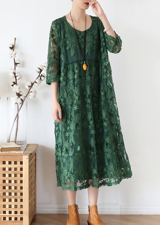 Round Neck Three Quarter Sleeve Floral Lace Embroidered Overlay Midi Dress