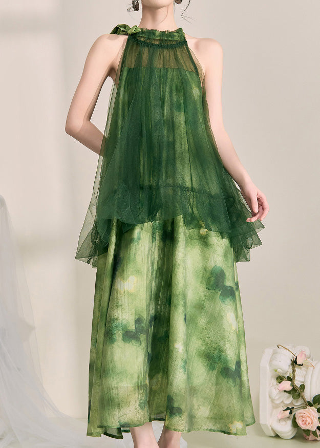 Halter Smocked Ruffle Neck Sheer Tulle Butterfly Print Layered Maxi Dress 3