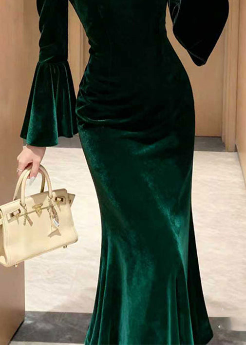 High Neck Sheer Mesh Lace Trim Bell Sleeve Mermaid Velvet Maxi Gown 3