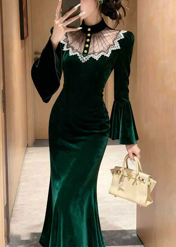 High Neck Sheer Mesh Lace Trim Bell Sleeve Mermaid Velvet Maxi Gown 4