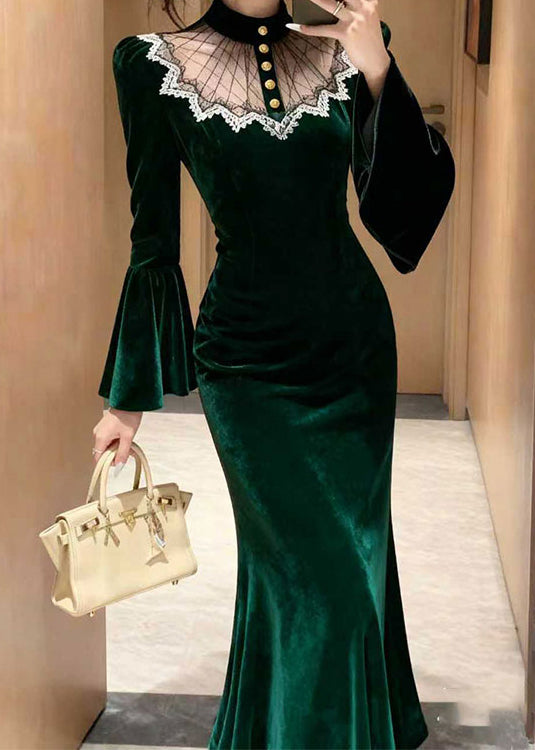 High Neck Sheer Mesh Lace Trim Bell Sleeve Mermaid Velvet Maxi Gown 5