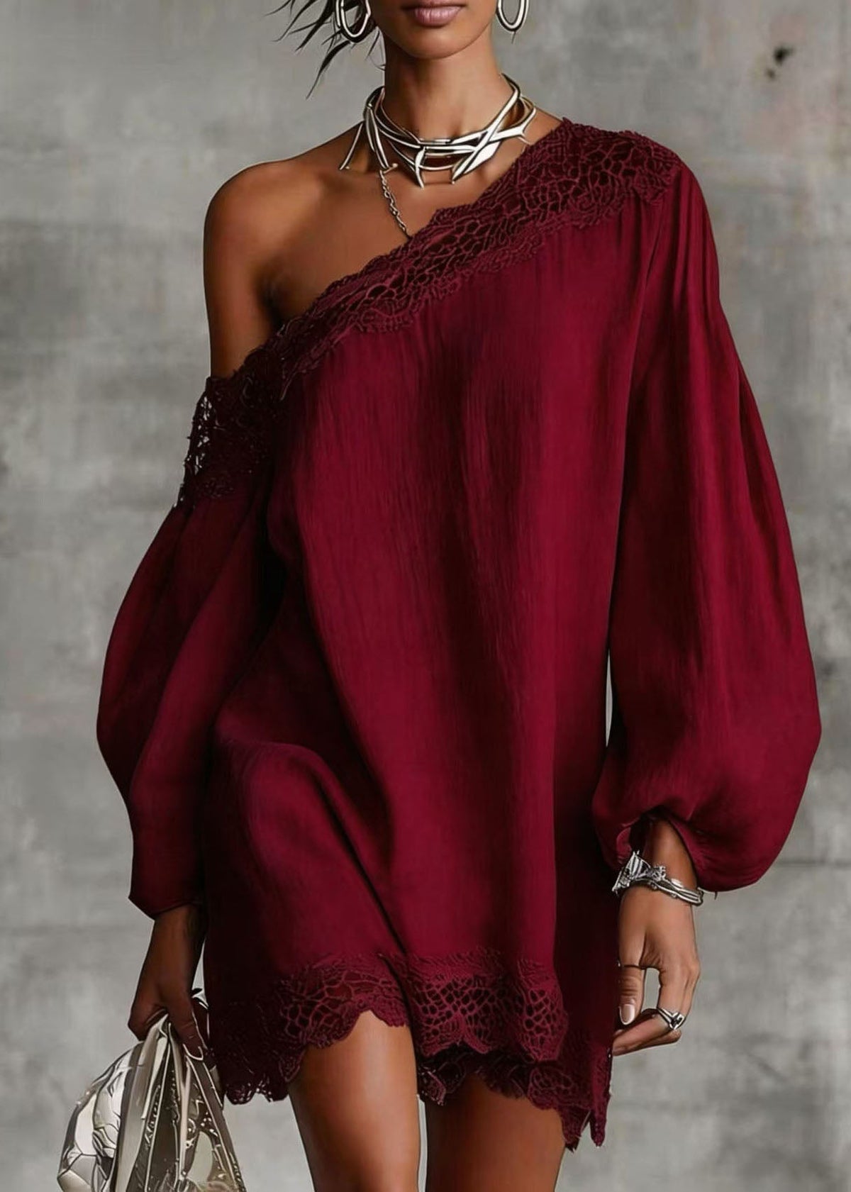 One Shoulder Lace Trim Balloon Sleeve Mini Dress 2