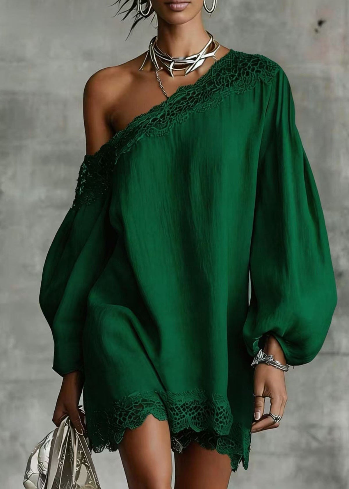 One Shoulder Lace Trim Balloon Sleeve Mini Dress 5