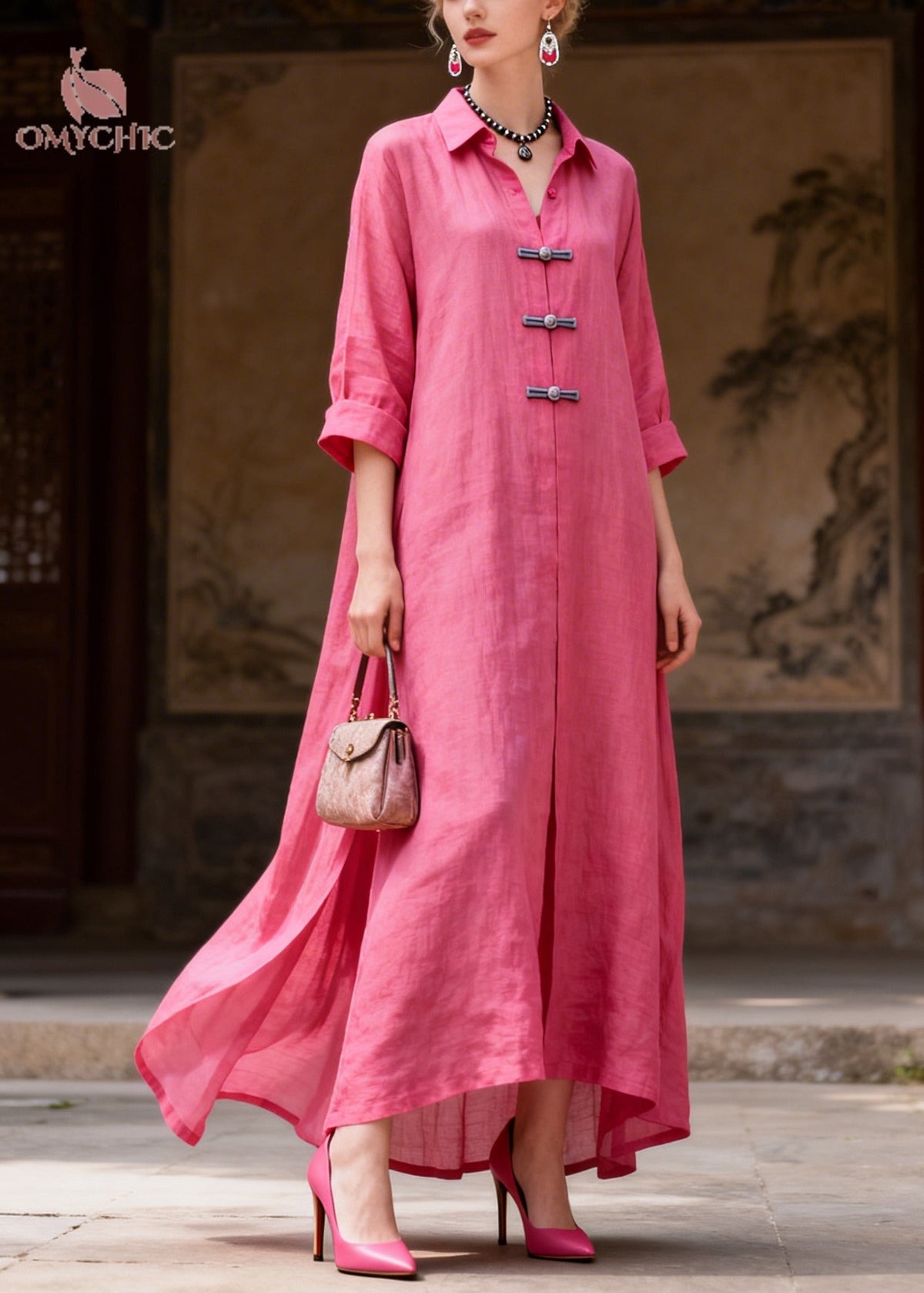Collared Frog Button High Low Side Slit Linen Maxi Shirt Dress 5