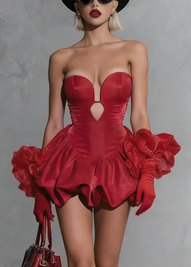 Strapless Sweetheart Keyhole Ruffle Organza Cuff Puff Skirt Mini Dress 2