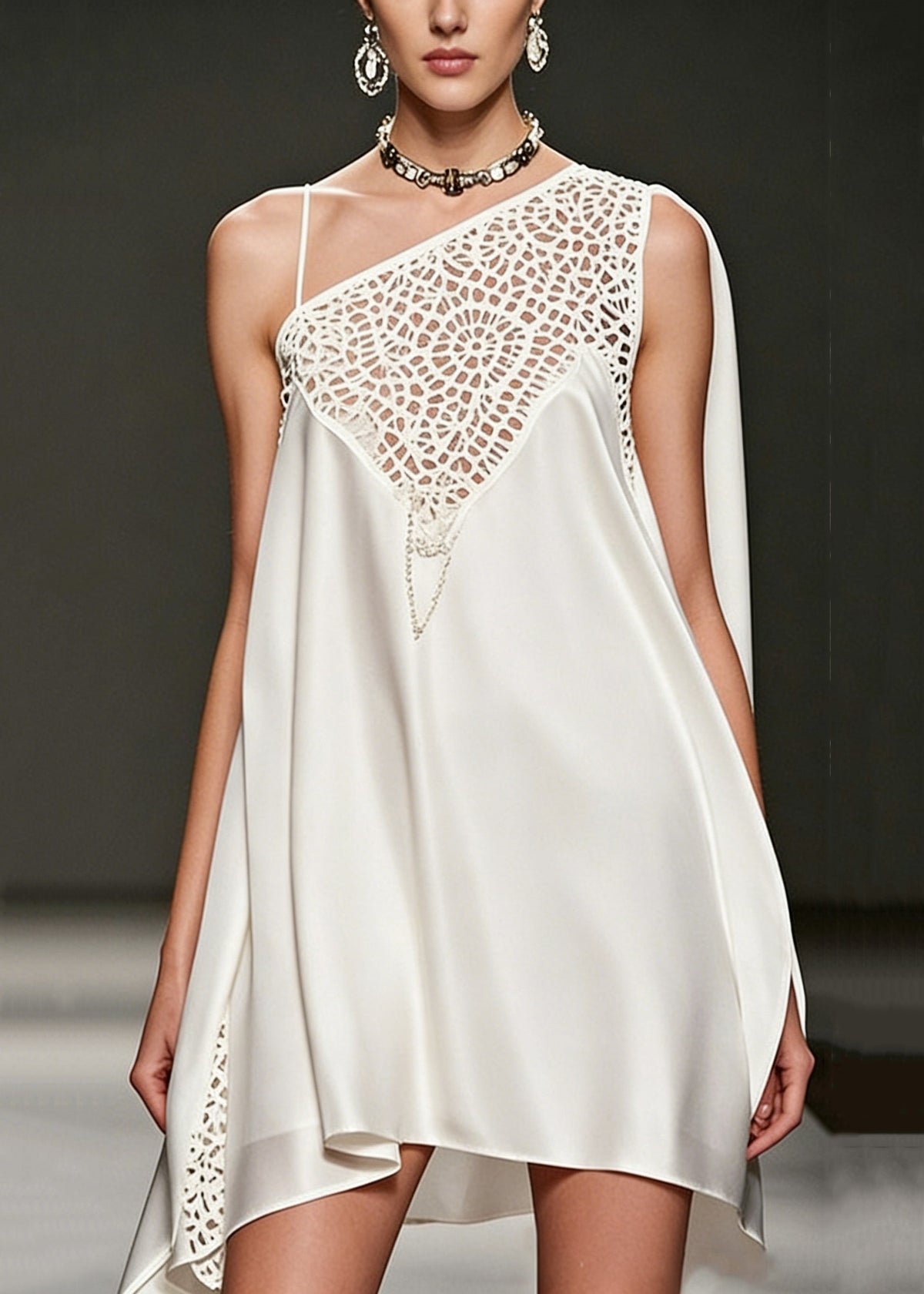 Asymmetrical Crochet Lace Insert One-Strap Trapeze Mini Dress