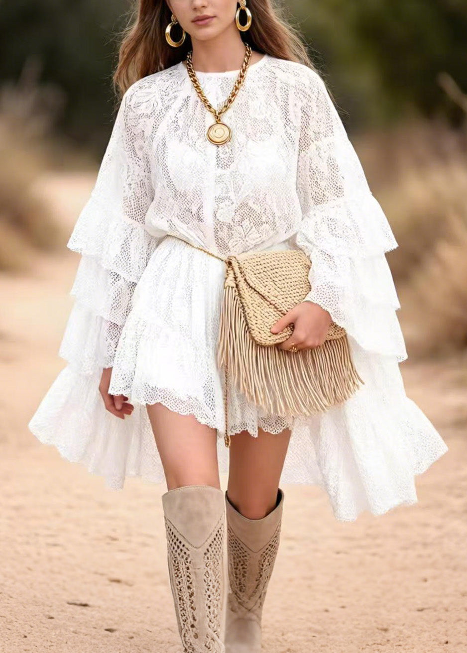 Round Neck Tiered Ruffle Bell Sleeve Lace Mini Dress
