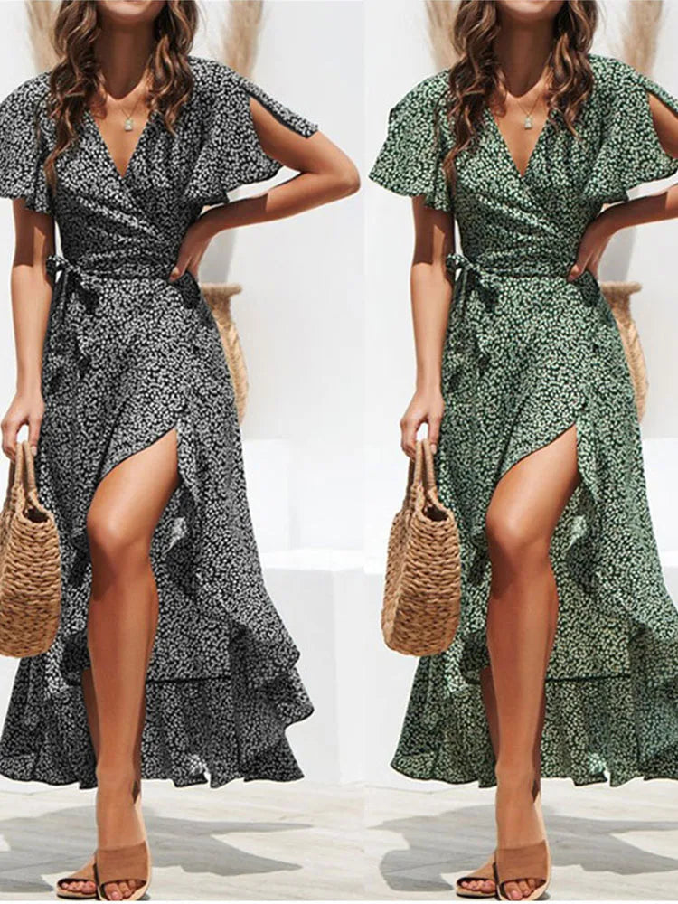 Ditsy Floral Wrap Flutter Sleeve High Low Hem Midi Dress 6