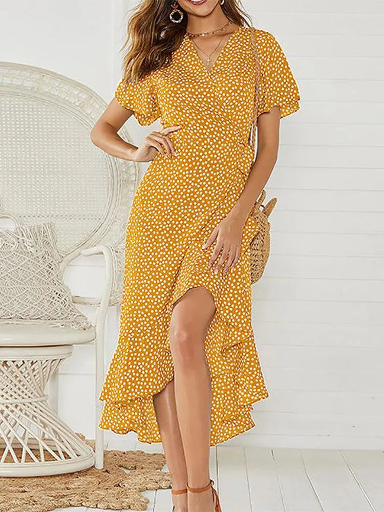 Ditsy Floral Wrap Flutter Sleeve High Low Hem Midi Dress 10