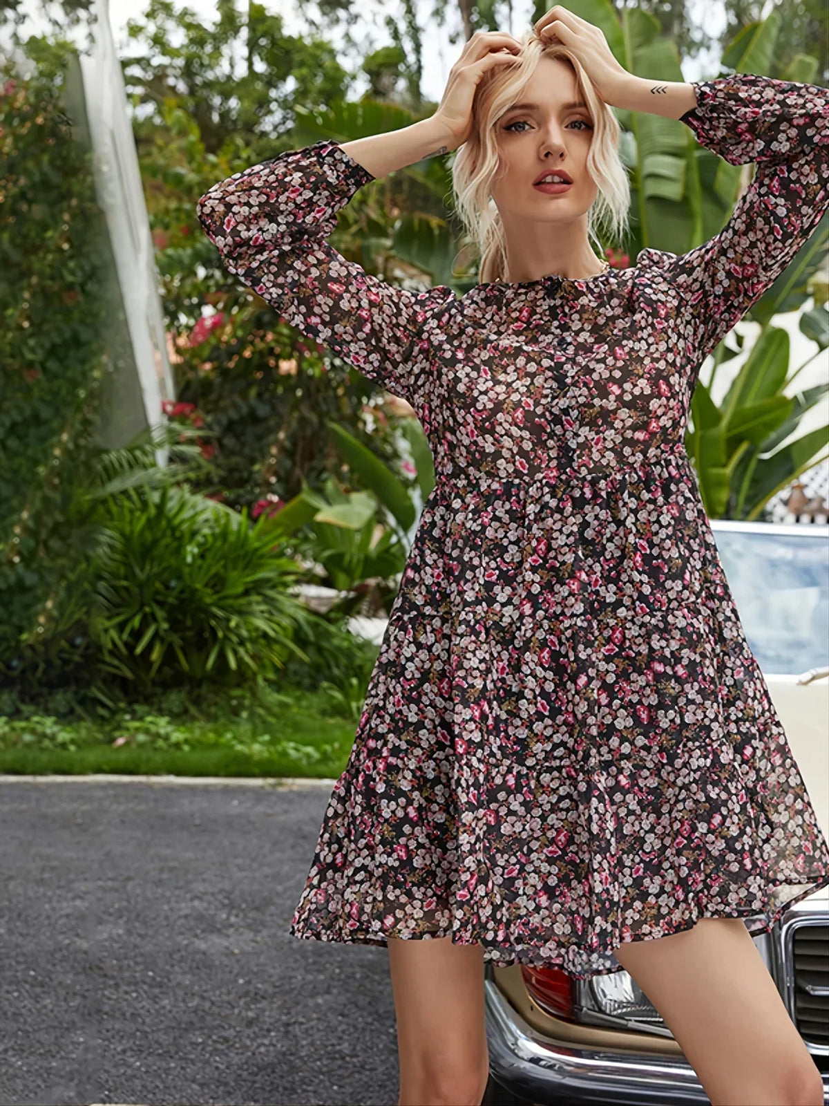 Brown Floral Round Neck Long Sleeve Babydoll Mini Dress