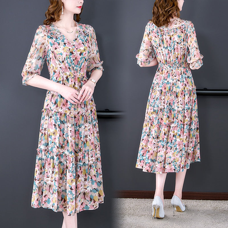 V-Neck Ruffle Trim Puff Sleeve Smocked Waist Tiered Floral Midi Dress 5