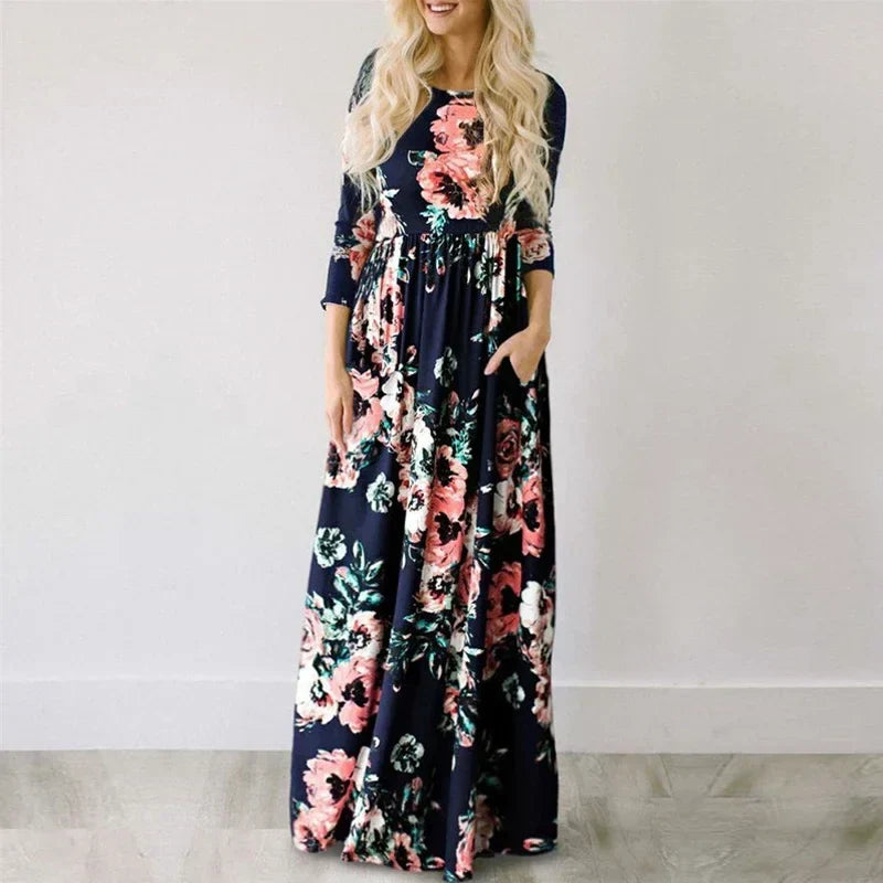 Floral Round Neck Long Sleeve High Waist Maxi Dress