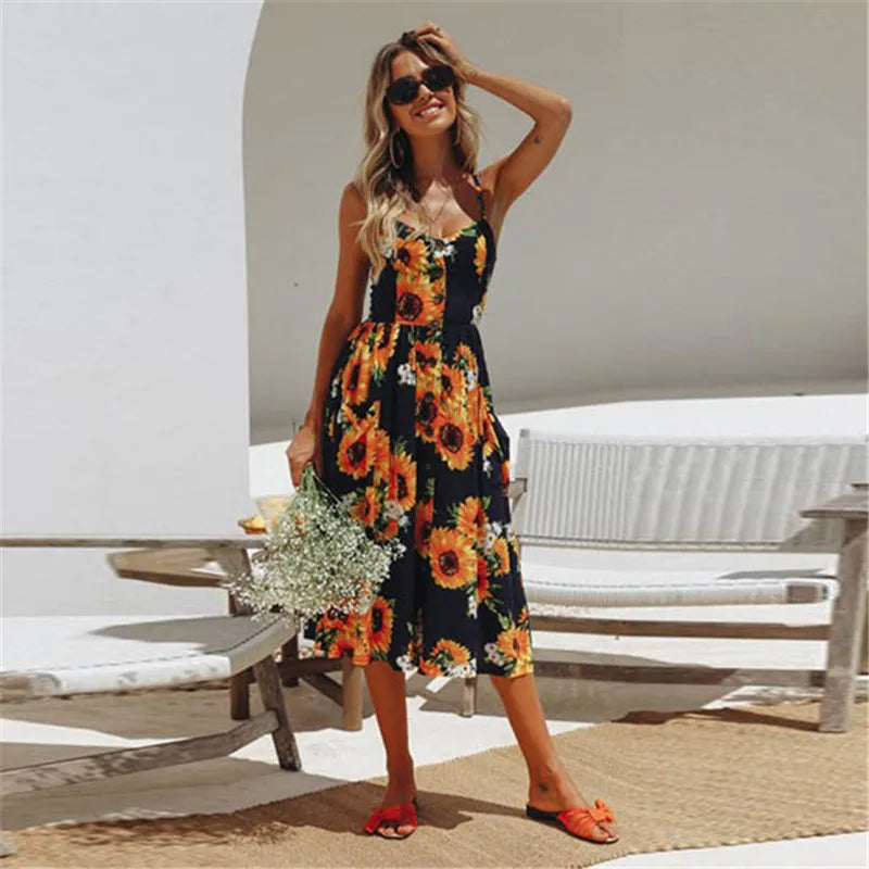 Sunflower Print V-Neck Spaghetti Strap Button Midi Dress