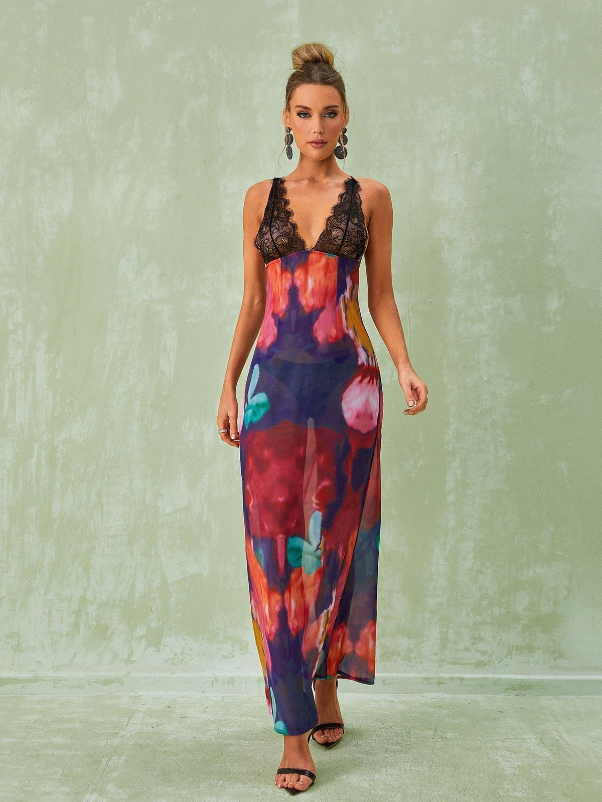 Plunging V Neck Floral Lace Bodice Sheer Print High Slit Maxi Dress
