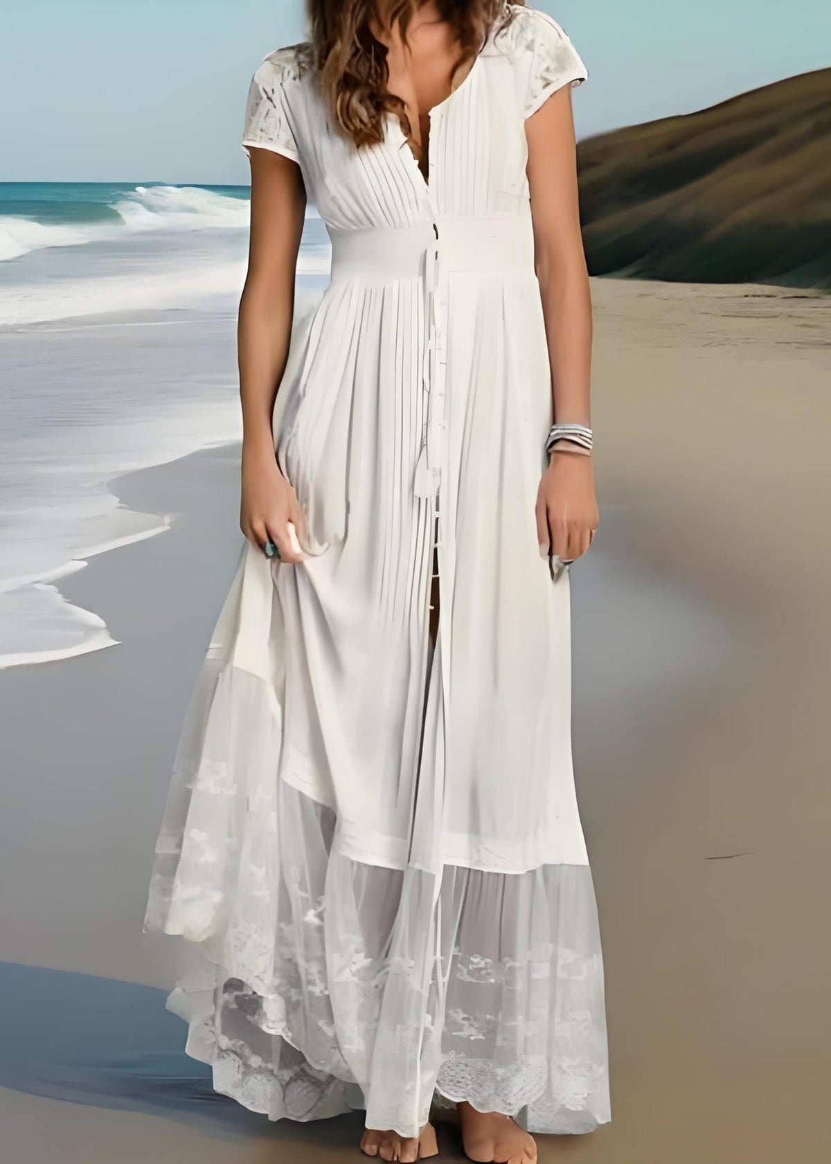 Deep V Neck Cap Sleeve Lace Hem Button Maxi Dress