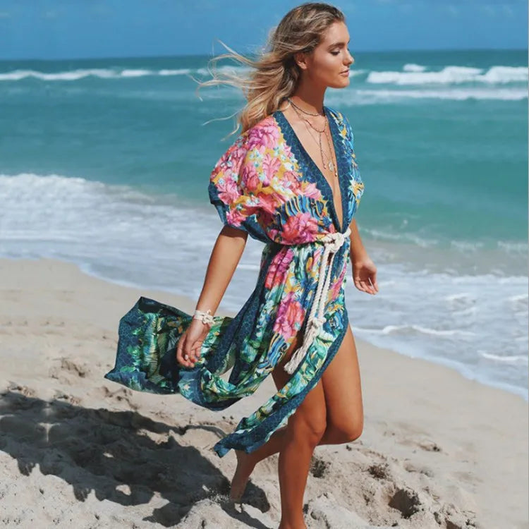 Floral V-Neck Short Sleeve Side Split Maxi Kaftan