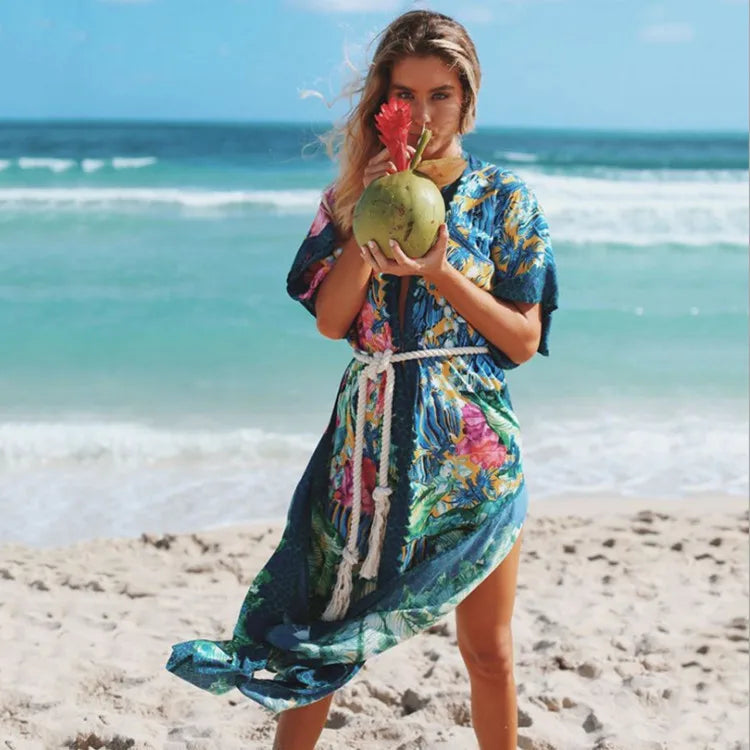 Floral V-Neck Short Sleeve Side Split Maxi Kaftan