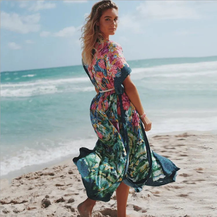Floral V-Neck Short Sleeve Side Split Maxi Kaftan
