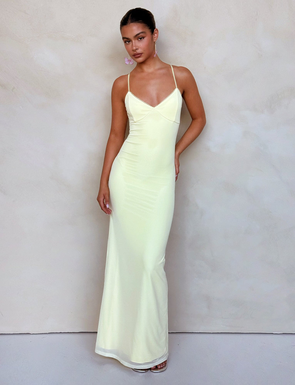 Deep V-Neck Spaghetti Strap Lace Trim Slip Column Maxi Dress