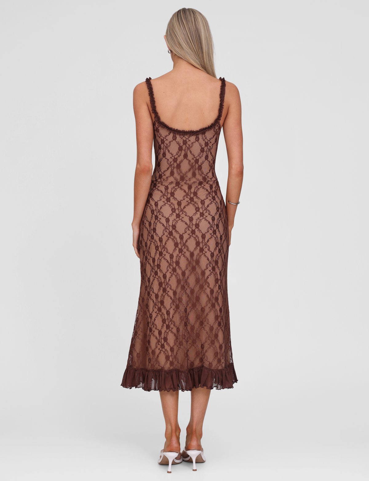 Floral Lace Ruffled Sweetheart Neckline Ruffle Strap Bodycon Midi Dress 2