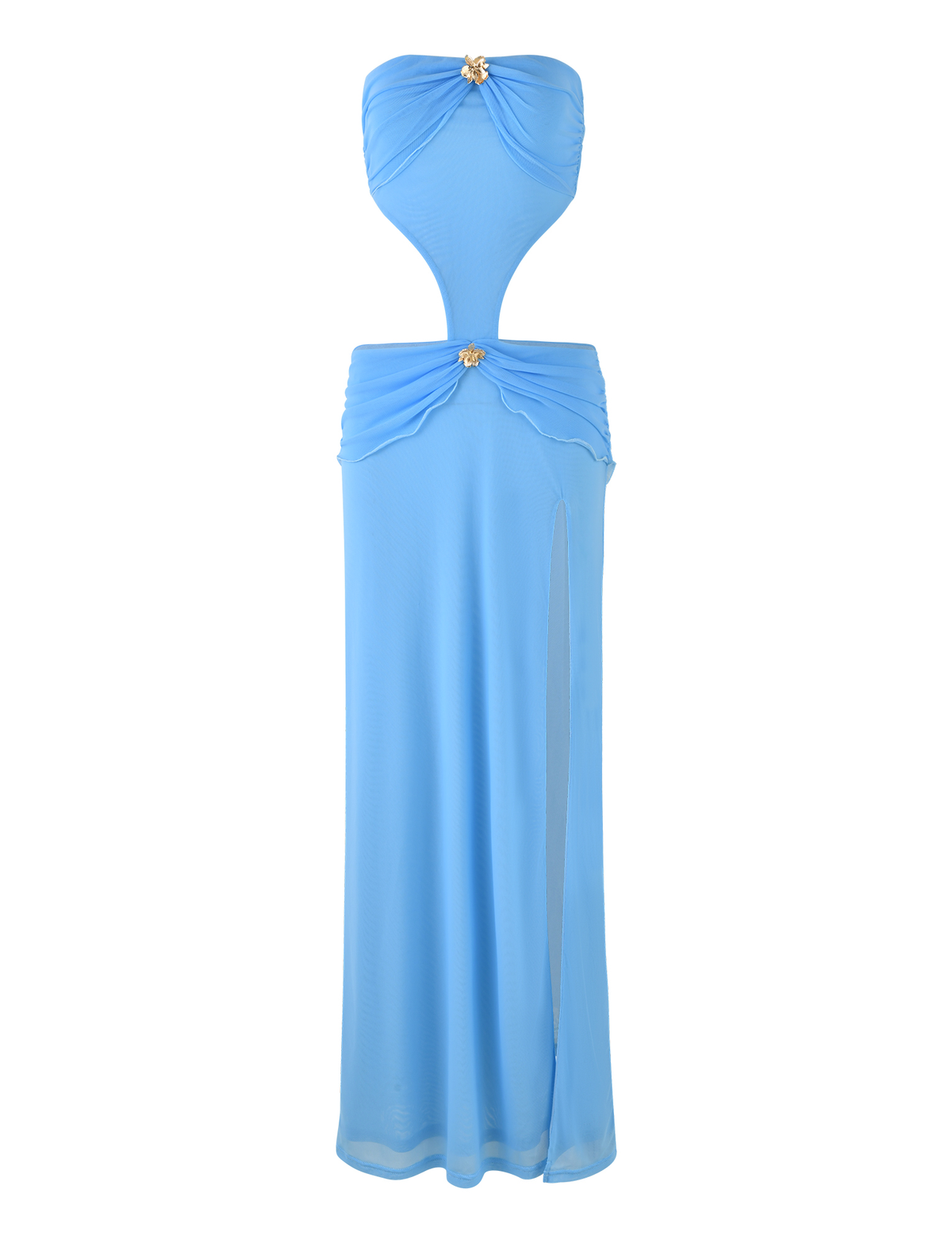 Strapless Ruched Side Cutout Flower Charm High Slit Maxi Gown 10