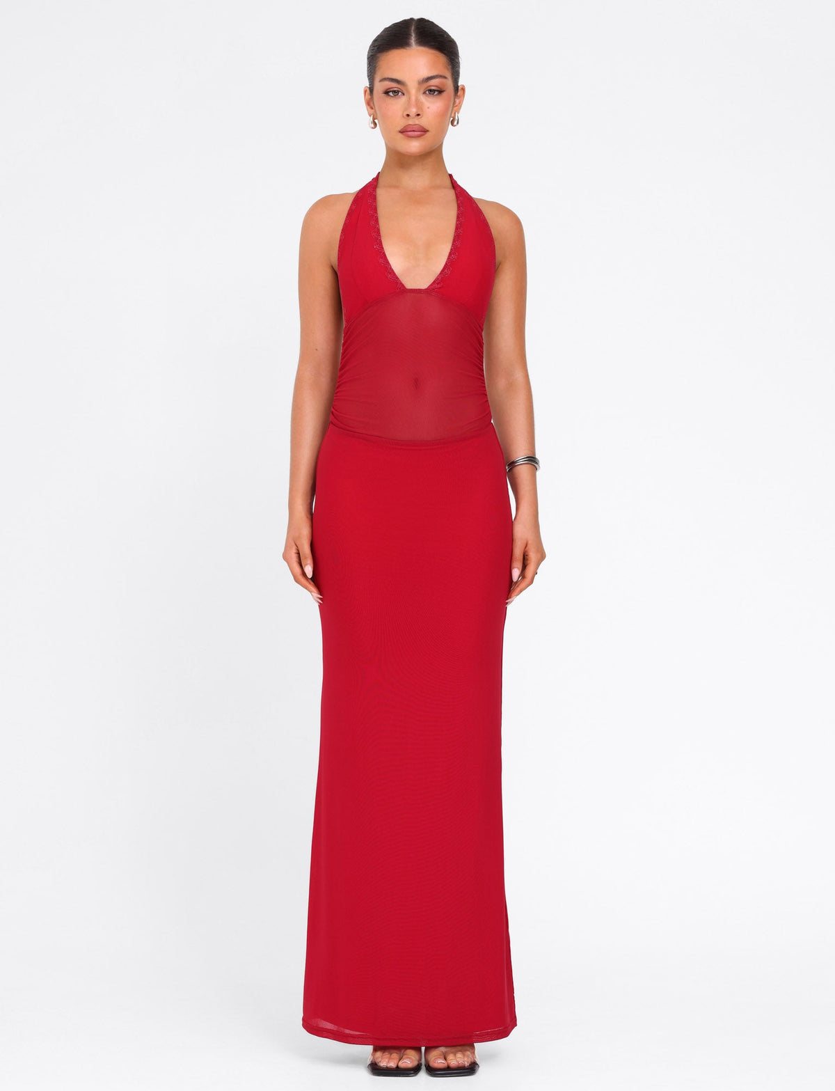 Halter Deep V Plunge Mesh Waist Panel Bodycon Maxi Dress 2