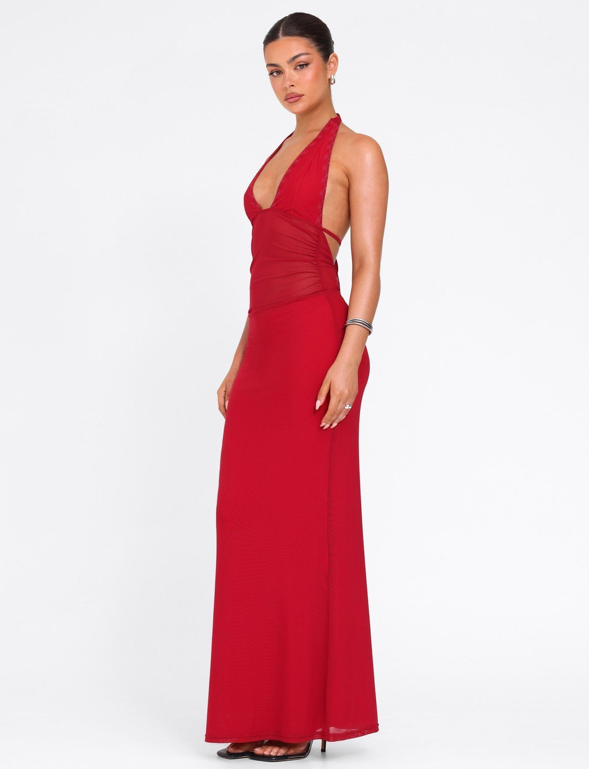Halter Deep V Plunge Mesh Waist Panel Bodycon Maxi Dress 5