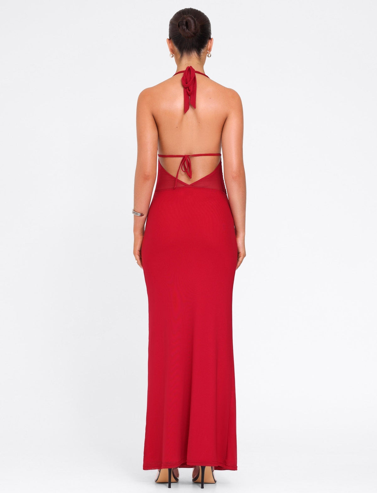 Halter Deep V Plunge Mesh Waist Panel Bodycon Maxi Dress 6