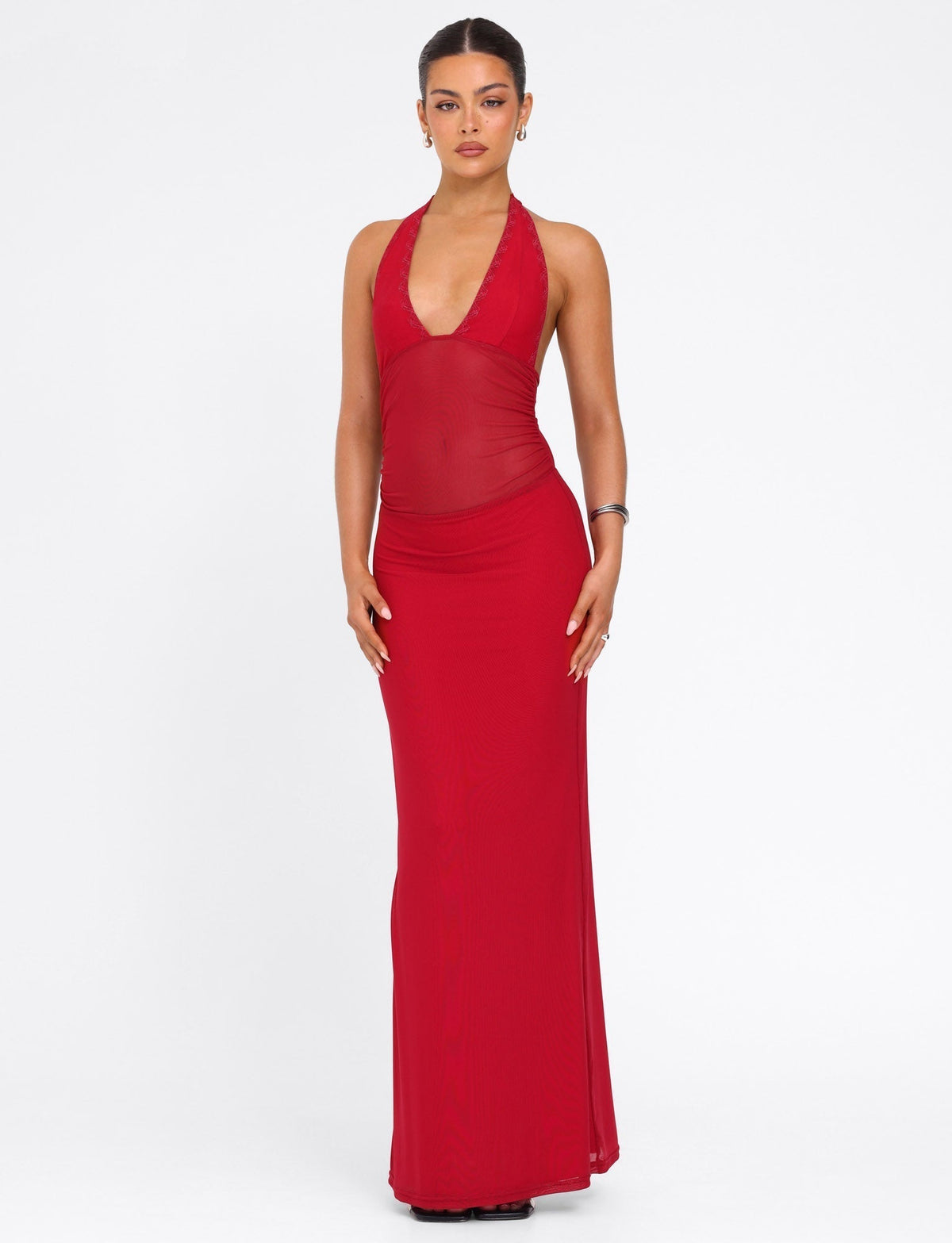 Halter Deep V Plunge Mesh Waist Panel Bodycon Maxi Dress 3