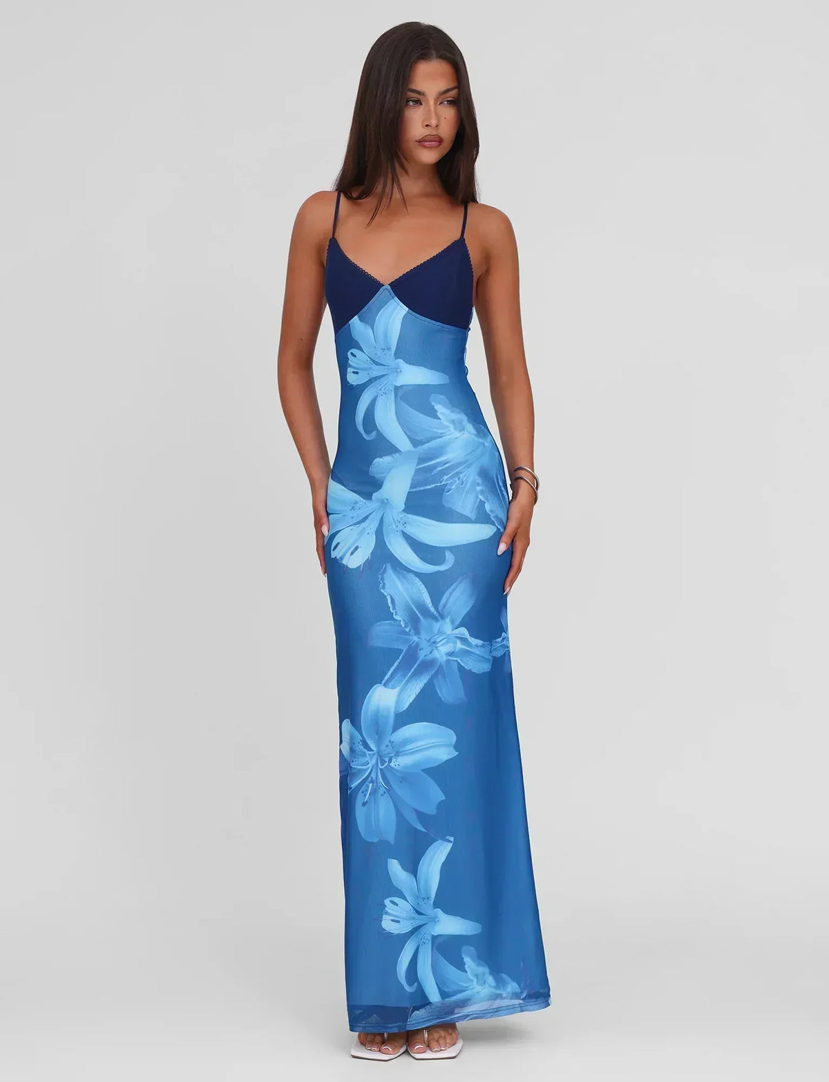 Spaghetti Strap Lily Floral Print Contrast Bodice Maxi Dress