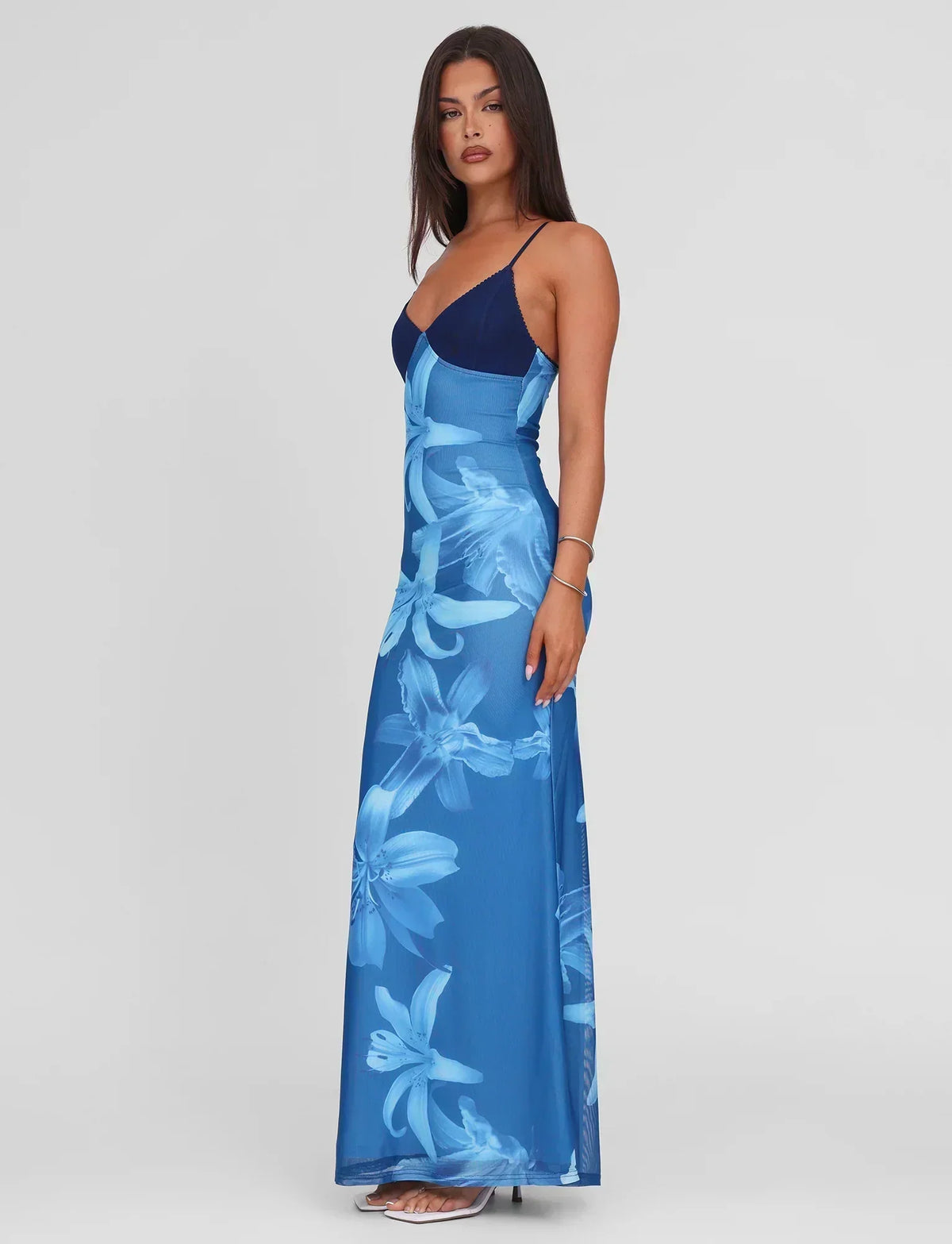 Spaghetti Strap Lily Floral Print Contrast Bodice Maxi Dress 4