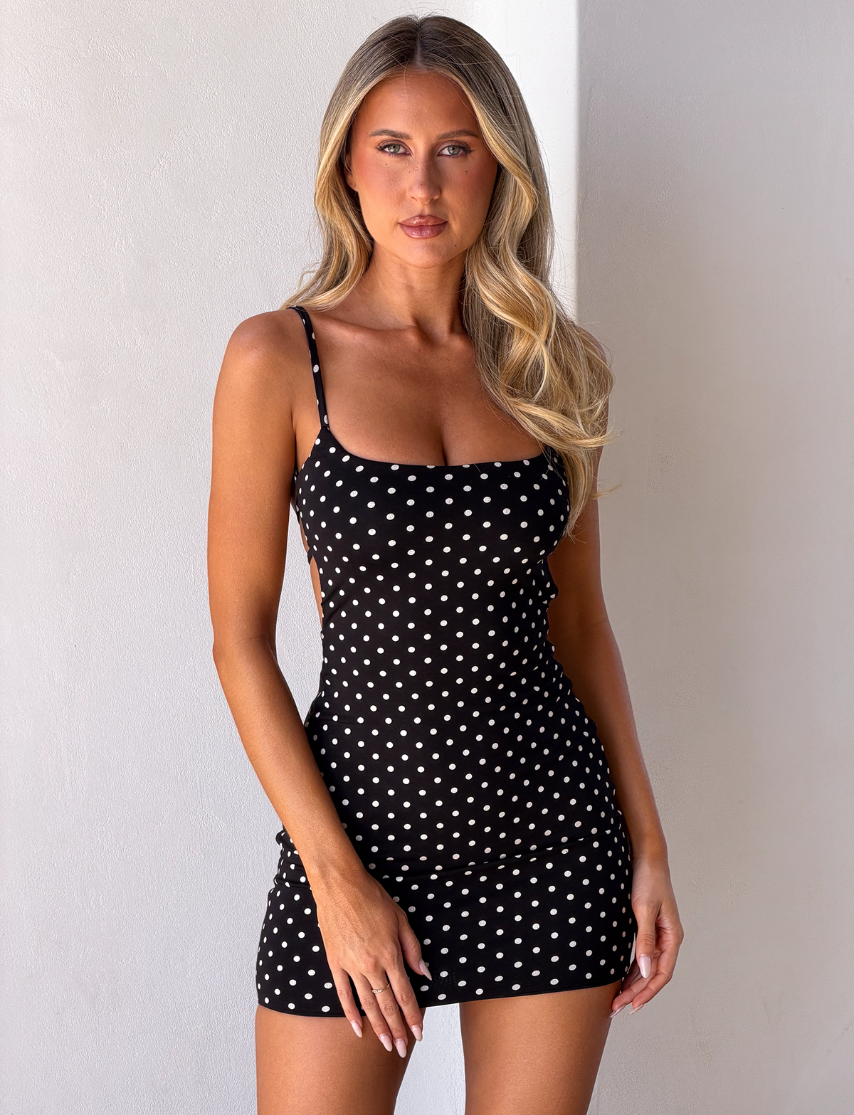 Polka Dot Square Neck Spaghetti Strap Bodycon Mini Dress