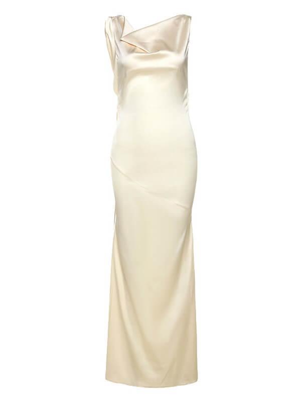 Halter Tie Strap Cowl Back Column Satin Maxi Gown 6