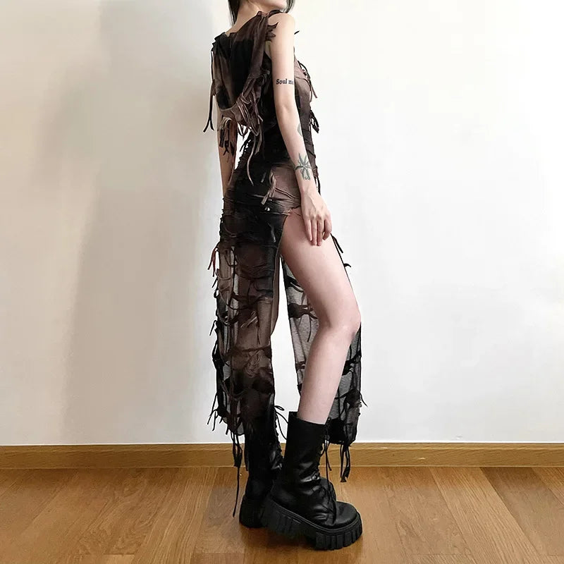 Sleeveless Hooded Shredded Distressed High Slit Fringe Trim Maxi Dress 3
