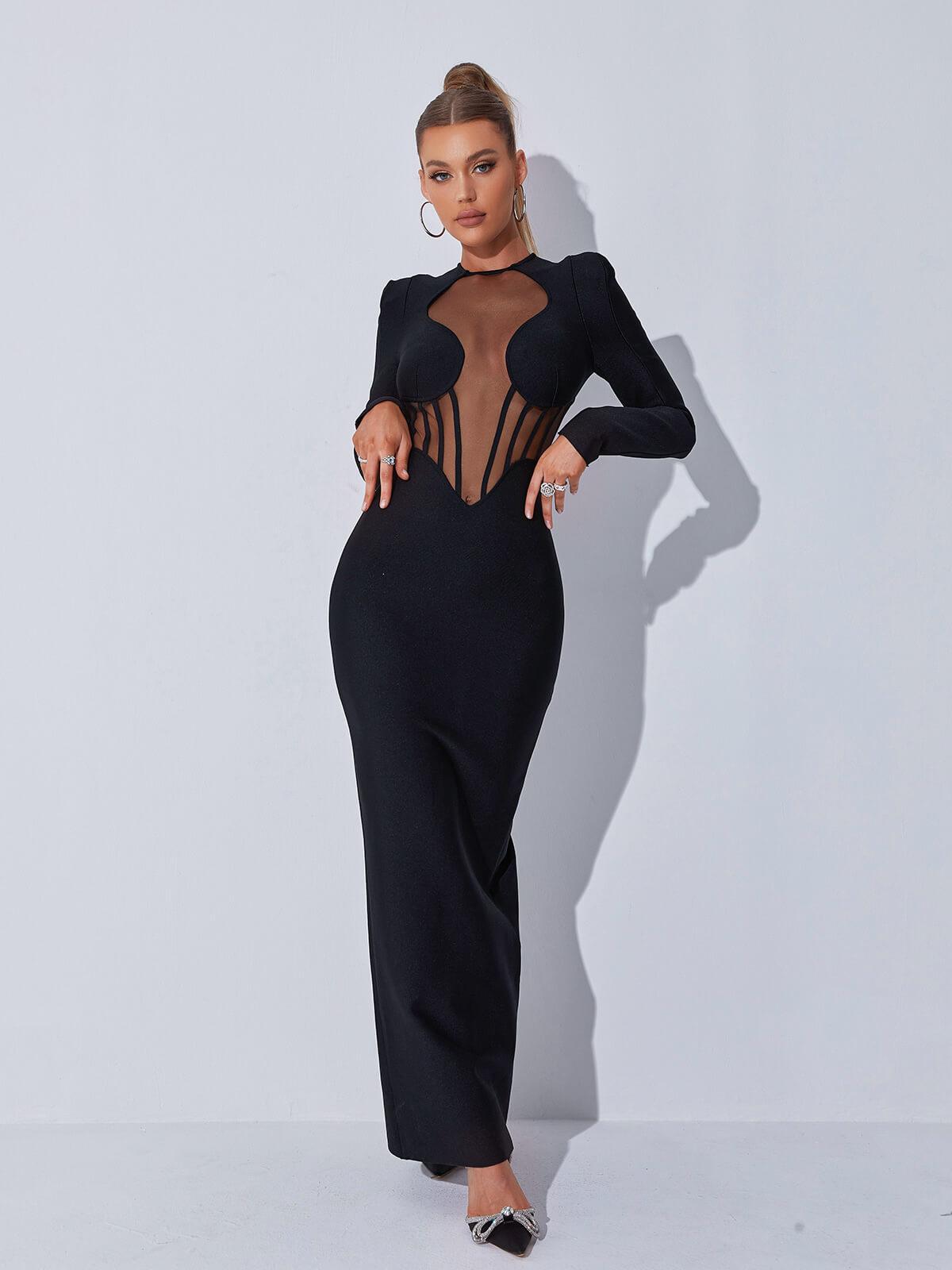 Mock Neck Long Sleeve Bandage Bodycon Midi Dress 2