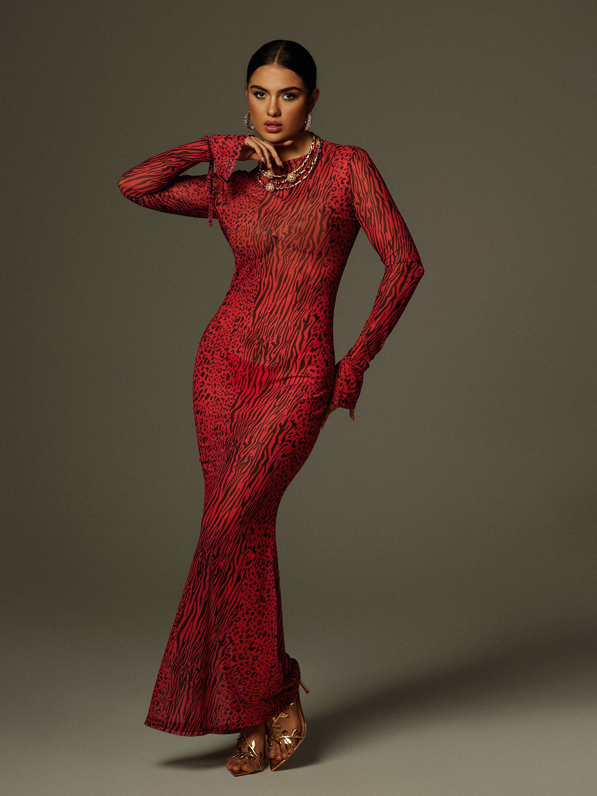 Long Sleeve Backless Print Mesh Column Maxi Dress