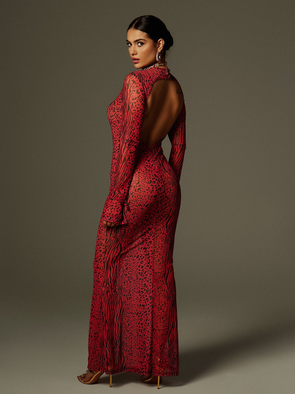 Long Sleeve Backless Print Mesh Column Maxi Dress 2