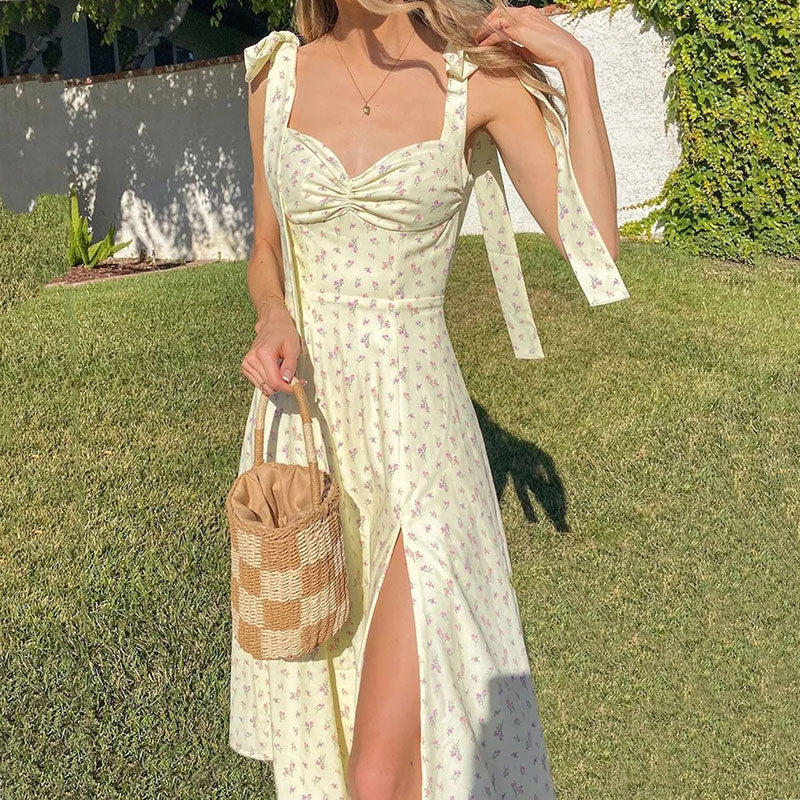 Sweetheart Tie Shoulder Ruched Bust Ditsy Floral High Slit Midi Dress