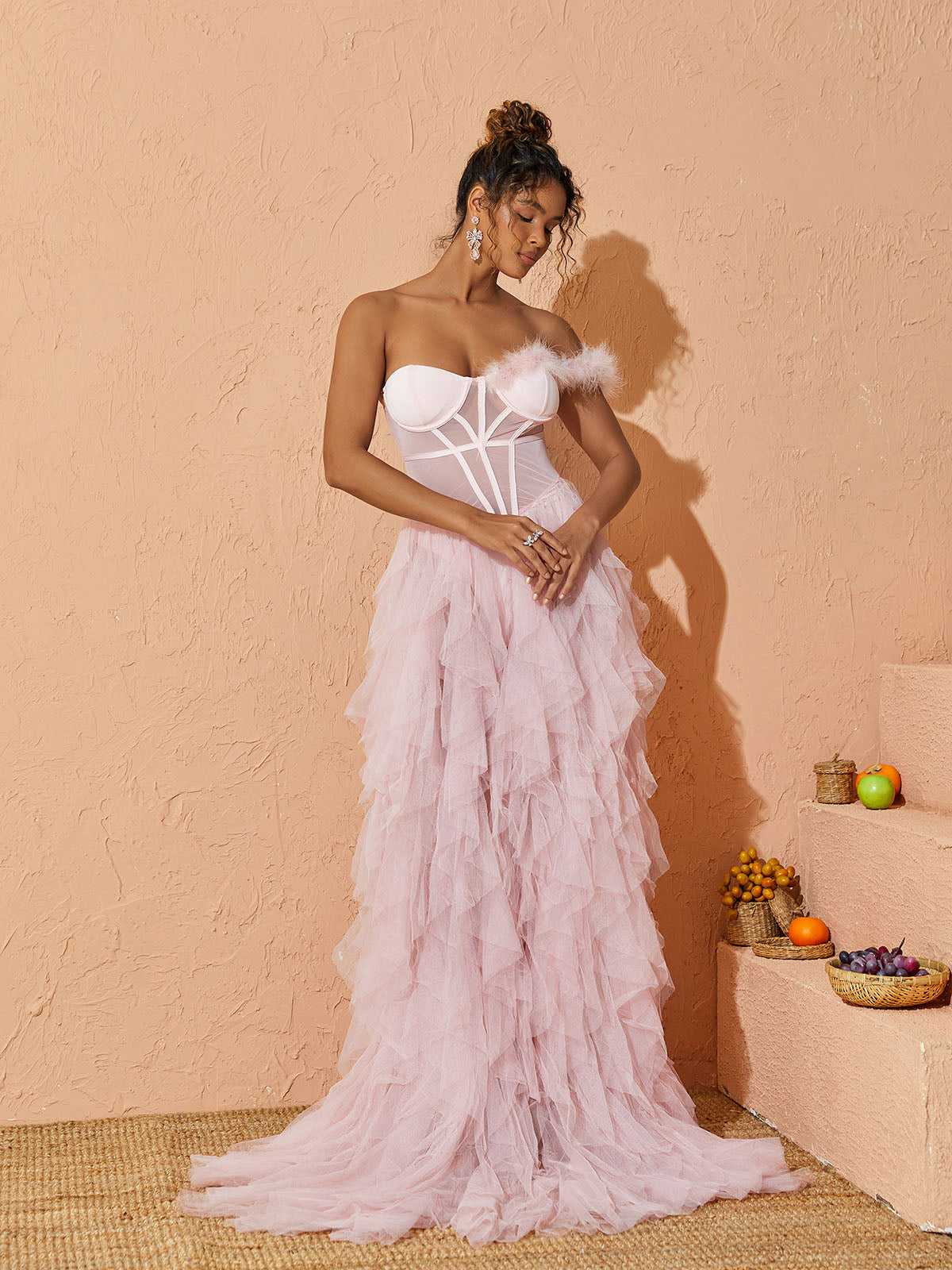 Strapless Corset Feather Strap Tiered Ruffle Tulle Thigh Slit Maxi Gown 3